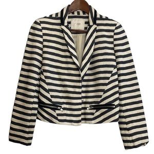 Maje Jacket Womens Small Gray Cream Cotton Striped Cropped Blazer Leather Trim
